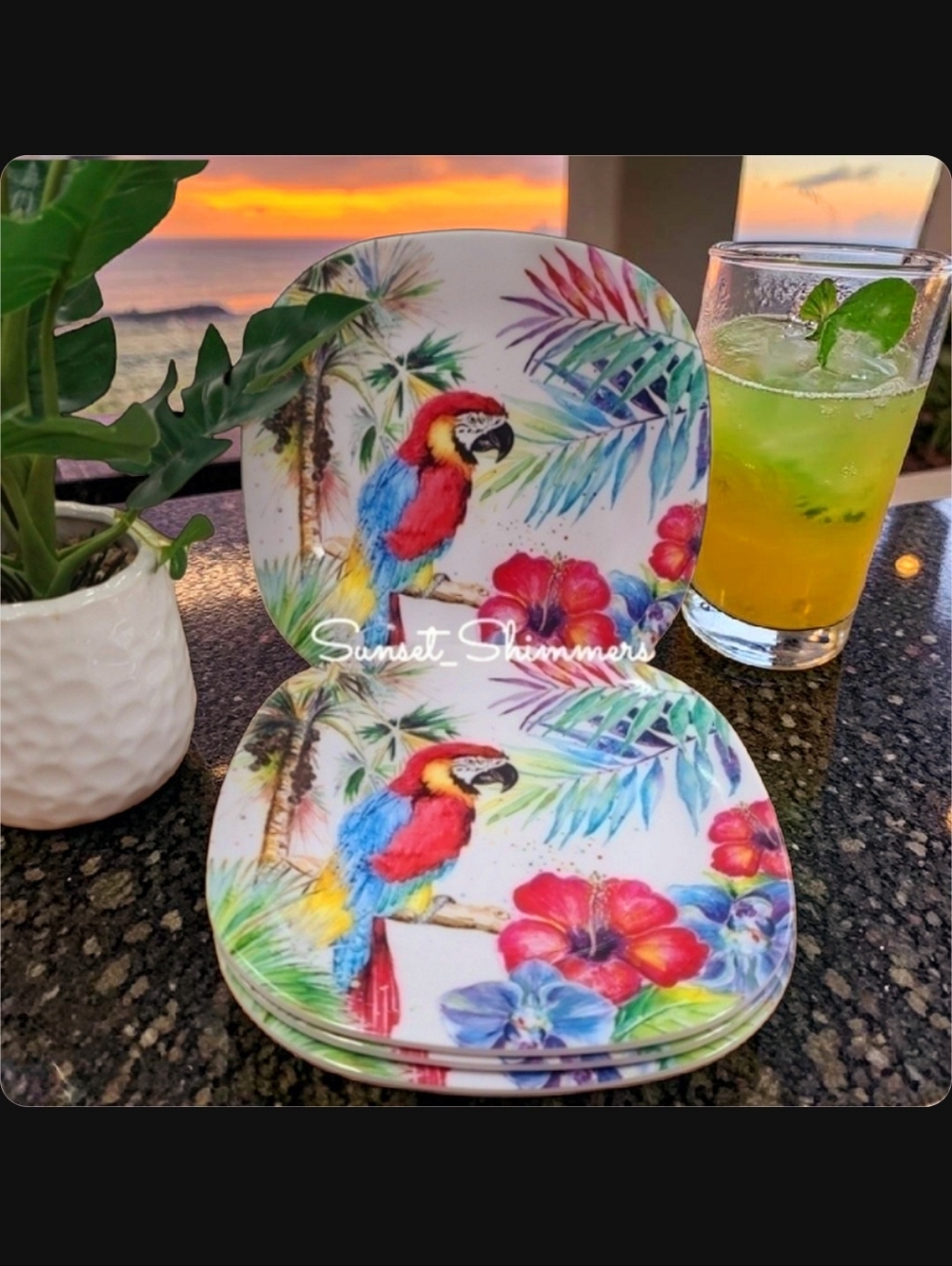 4 Parrot Tropical Hibiscus Flower Palm Tree Melamine Salad App Dessert Plate Set